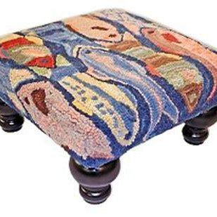 Our colorful handcrafted A School of Fish wool footstool features nautically inspired style and colors and is 18" square