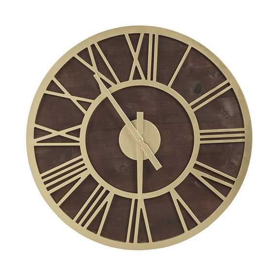 Our large Brown Stained Wood and Gold Metal Wall Clock will bring timeless sophistication to any space, while adding a bit of rustic charm. Featuring large Roman numeral numbers, quartz movement, and a hanger hook on the back, it’s a breeze to hang this 23.6" diameter clock. 