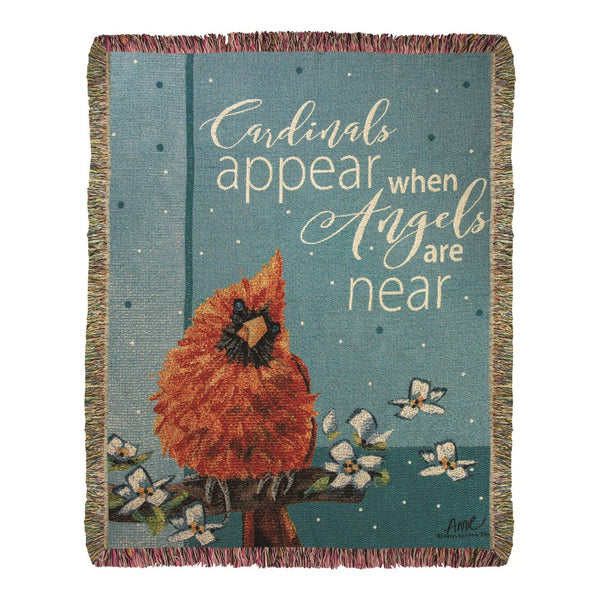 Our Cardinals Appear When Angels Are Near Tapestry Throw is 50”x60” and proudly made in the USA. This beautiful tapestry throw has been created with a soft, 100% cotton, weave and finished with a fringed border. It features a large fluffy cardinal, flowers and bright red and blue tone colors, along with the message, Cardinals Appear When Angels Are Near. Cardinal sightings have been viewed as heavenly messengers to bring comfort to someone who has experienced a loss of a loved one.