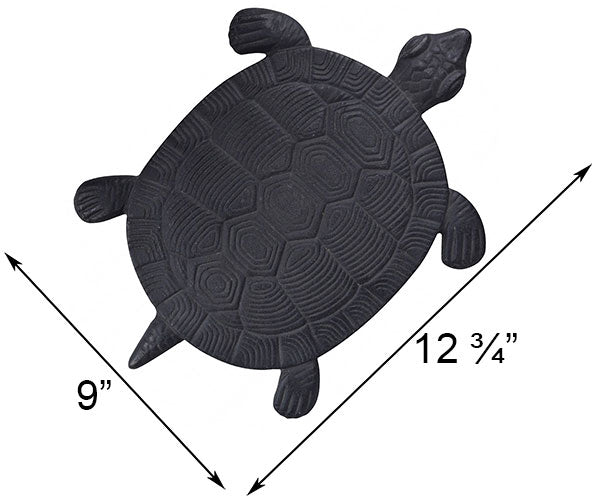 Our Cast Iron Turtles Stepping Stone Yard Art  come as a set of 2 and will add fun and function to your garden Each stone is 8.5" length and 7.25" width and has a detailed pattern which mimics that of a turtle shell. Each turtle has a flat base, which makes placement quick and simple and they look perfect just nestled within your landscaping.