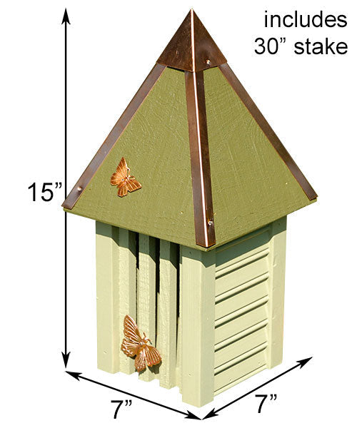 Our Celery Green Flutterbye Butterfly House and Garden Stake features two-tone colored garden decor butterfly houses uniquely styled for you and your butterflies. Made in the USA of select cypress siding, solid copper hipped roof with authentic corner boards, slotted front for the butterflies to enter and finished with copper butterfly adornments to add additional decorative detail.  This view shows details of size.