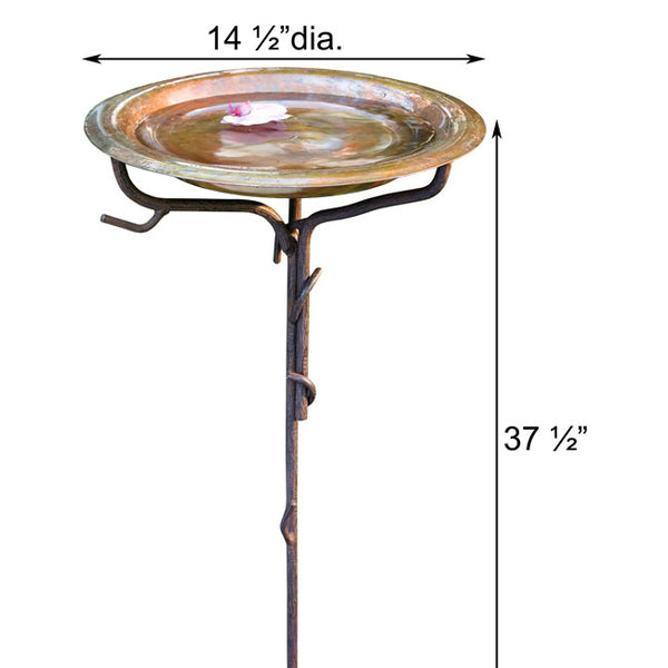 Our Copper Birdbath with Metal Tree Branch Stake features a solid copper birdbath bowl, with tree branch stake will add an elegance to your garden and give bird a hint that a new birdbath is in town. The lovely brown hues of the textured metal stake perfectly complement the bold sheen of the copper birdbath bowl. The 11.25" diameter, copper bowl offers water for many of your feathered friends, and its 1.5" depth allows small birds to bathe easily. Stand is 35.75"H.