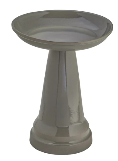 Our Gray High Glass Glazed Clay Birdbath will bring life and beauty to your garden!! Handcrafted in the USA, this eye-catching pedestal-style birdbath stands 22" tall and features a 17” diameter bowl and 2.25” depth. Its locking top safely keeps wildlife, wind, and prancing pooches from accidentally toppling it!