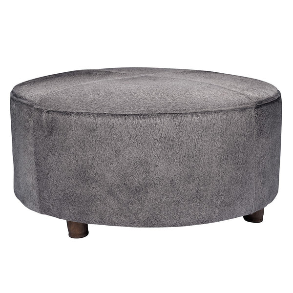 Our Grey Mid Century Cowhide Ottoman is 39” round x 17.5” tall and makes for a comfy piece for putting up your feet, serving food in trays to guests or just sitting and enjoying how comfortable it is. The wooden legs, in a mid century style, add to style and function of this beautiful piece of furniture.