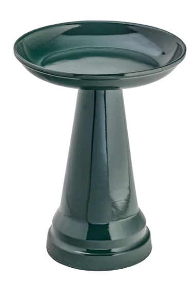 Our Hunter Green High Glass Glazed Clay Birdbath will bring life and beauty to your garden!! Handcrafted in the USA, this eye-catching pedestal-style birdbath stands 22" tall and features a 17” diameter bowl and 2.25” depth. Its locking top safely keeps wildlife, wind, and prancing pooches from accidentally toppling it!