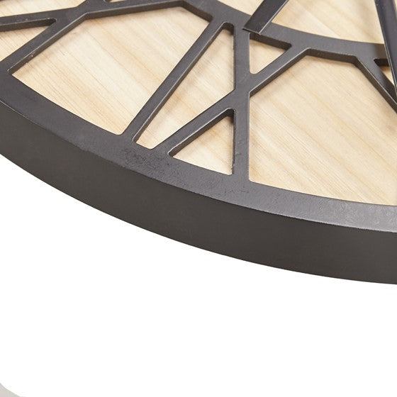 Shown side of clock. Our large Natural Wood and Black Metal Wall Clock will bring timeless sophistication to any space, while adding a bit of rustic charm. Featuring large Roman numeral numbers, quartz movement, and a hanger hook on the back, it’s a breeze to hang this 23.6" diameter clock.