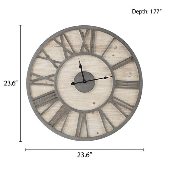 Our large Natural Wood and Gray Metal Wall Clock will bring timeless sophistication to any space, while adding a bit of rustic charm. Featuring large Roman numeral numbers, quartz movement, and a hanger hook on the back, it’s a breeze to hang this 23.6" diameter clock. 