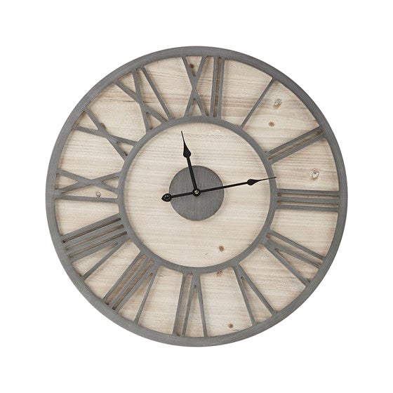 Our large Natural Wood and Gray Metal Wall Clock will bring timeless sophistication to any space, while adding a bit of rustic charm. Featuring large Roman numeral numbers, quartz movement, and a hanger hook on the back, it’s a breeze to hang this 23.6" diameter clock. 