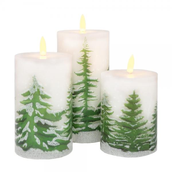Our Winter Scene Pine Tree LED Candle Set comes as a set of 3 candles in sizes of one each of  4, 5, and 6 inch pillars that are 3 inch diameter. They will charm, warmth and a beautiful glow to your home. The candles feature a warm white LED that flickers like a real candlelight. Comes with an automatic 6 hour timer. Each candle operates on 3 AAA battery (not included.) 