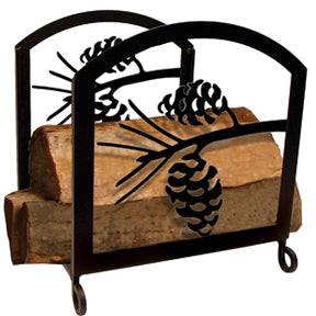 Our Pinecone Wrought Iron Wood Storage Rack will add a bit of rustic charm to your home, cabin or even covered porch. Made in the USA It features cutout images of pinecones on each side of the rack. 