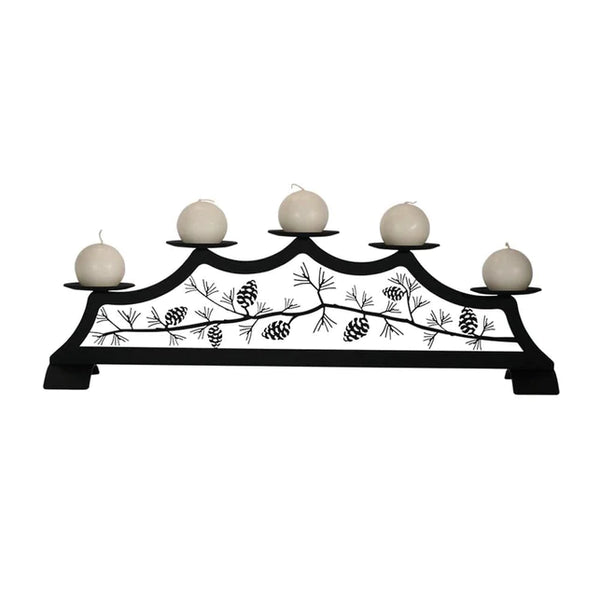 Our Pinecones Rustic Fireplace Candle Holder will add a touch of woodsy wonder to your home. It has been designed for decorating a fireplace when not in use. It is equally beautiful on a table of any size. Just add our candle holder into a clean fireplace. It is a safe way to light up your home with style and ambience. The black wrought iron features cutouts of picturesque pinecones. Size is: 28" wide X 8-1/2" high X 8" deep.