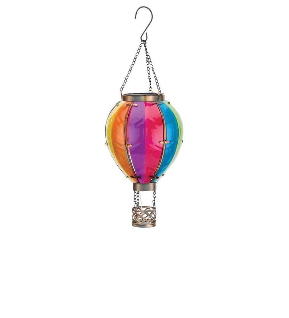 Our breathtakingly beautiful Solar LED Powered Hot Air Balloon Lantern features hand-painted glass panels of multi-colored hues, plus a string of flicker-happy LED lights, this lantern looks like a real hot air balloon. Hang it up and watch it glow for 6-8 hours with the included replaceable rechargeable batteries. Size is 7.5'' x 7.5'' x 23.5'' tall.