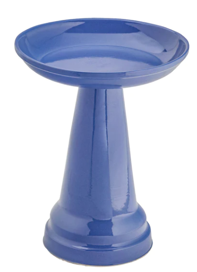 Our Summer Blue High Glass Glazed Clay Birdbath will bring life and beauty to your garden!! Handcrafted in the USA, this eye-catching pedestal-style birdbath stands 22" tall and features a 17” diameter bowl and 2.25” depth. Its locking top safely keeps wildlife, wind, and prancing pooches from accidentally toppling it!