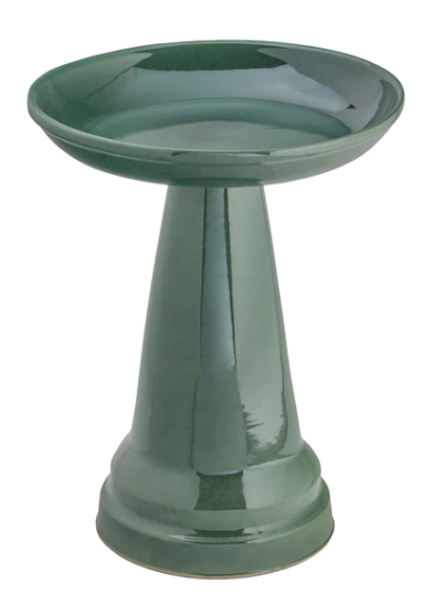 Our Summer Green High Glass Glazed Clay Birdbath will bring life and beauty to your garden!! Handcrafted in the USA, this eye-catching pedestal-style birdbath stands 22" tall and features a 17” diameter bowl and 2.25” depth. Its locking top safely keeps wildlife, wind, and prancing pooches from accidentally toppling it!