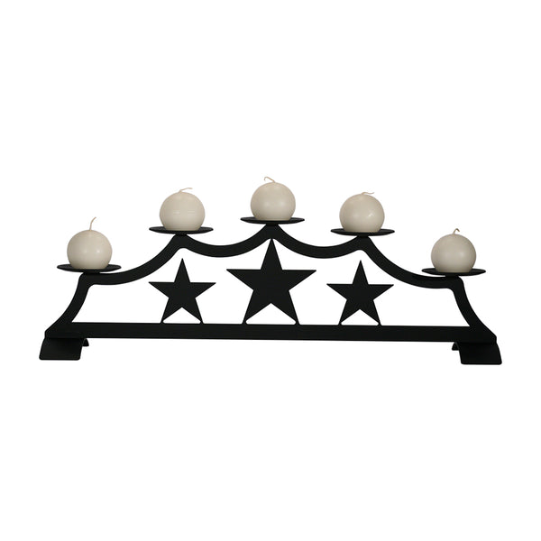 Our Texas Stars Fireplace Candle Holder will add a touch of Texas wonder to your home. It has been designed for decorating a fireplace when not in use. It is equally beautiful on a table of any size. Just add our candle holder into a clean fireplace. It is a safe way to light up your home with style and ambience. The black wrought iron features cutouts of three Texas Stars. Size is: 28" wide X 8-1/2" high X 8" deep