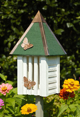 Our Whitewashed Flutterbye Butterfly House and Garden Stake features two-tone colored garden decor butterfly houses uniquely styled for you and your butterflies. Made in the USA of select cypress siding, solid copper hipped roof with authentic corner boards, slotted front for the butterflies to enter and finished with copper butterfly adornments to add additional decorative detail.  