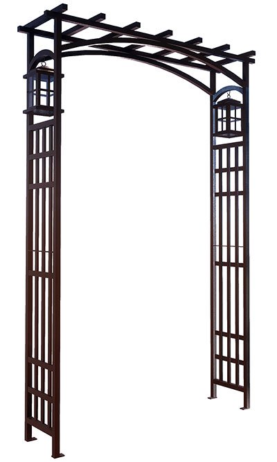 Black Metal Flat Top Garden Arbor with Lanterns - inthegardenandmore.com