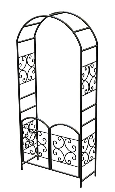Black Scrolled Metal Arch Topped Garden Arbor with Gate - inthegardenandmore.com