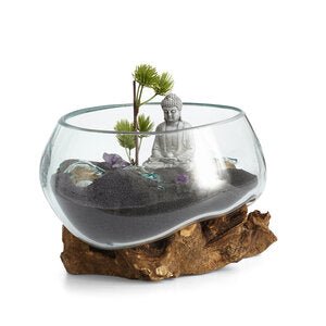 Small Hand Blown Molten Glass and Wood Root Sculptured Succulent Bowl Terrarium (7”x7”) - inthegardenandmore.com