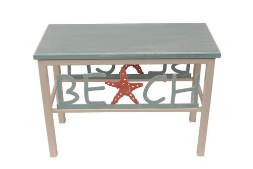 Add style and function to your nautically inspired home with our Weathered Grey BEACH Bench with Starfish. Made of metal with a wood top, it is handcrafted here in the USA. Overall size is 24” wide x 17” tall x 11” deep.