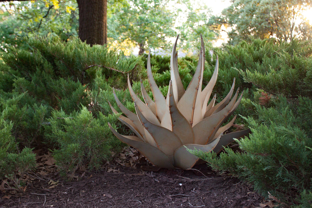Our Agave Sharkskin Succulent Metal Yard Art Sculpture looks beautiful nestled into greenery