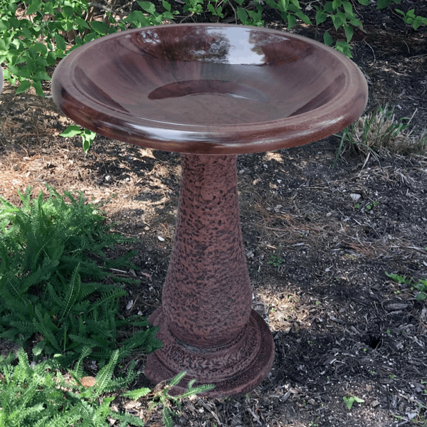 Our Antique Brown Gloss Fiber Clay Birdbath comes as a 2 piece birdbath and is unlike anything you’ve ever seen! It features the beauty of ceramic/clay birdbaths with the durability of fiber clay, it is impact and shatter-resistant. Fiber clay is made up of 70 percent clay, 25 percent plastic and 5 percent fiber and provides more durability over time and is less fragile than ceramic and clay birdbaths. Size is 20.00 (D) x 20.00 (W) x 25.00 (H) inches.