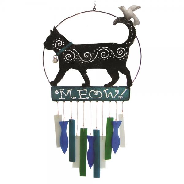 Our Black Kitty Glass and Metal Wind Chime Suncat is handcrafted of metal and glass and you will enjoy the gentle sounds of the glass clanging together to make a wind chime sound that is lovely, fun and creative. Size is 10 inches wide and 23 inches long x 1-1/2 inches deep