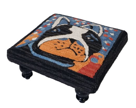 Our colorful handcrafted Blooming Pup wool footstool features nautically inspired style and colors and is 18" square