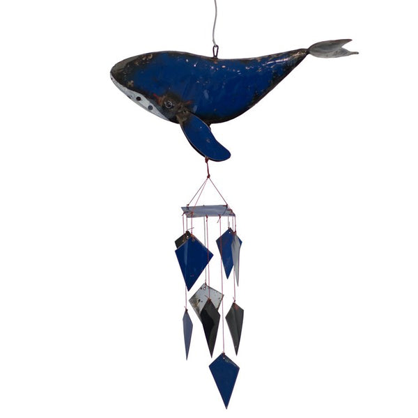 Our Blue Whale Repurposed Metal Wind Chime is handcrafted from reclaimed and repurposed steel oil drums. Each handcrafted oil drum chime is truly a work of art, allowing each one to be slightly different from the other… unique one of a kind creations.