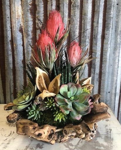 Our Botanical and Succulent Wood Bowl Floral Arrangement is a custom made to order arrangement featuring red botanical flowers mixed with pods and succulents and planted in a large recycled and reclaimed wood branchy bowl. It is a magnificent arrangement and certainly will make a statement.  The dimensions are approximate of each arrangement is 16 x 16 x 26 inches.