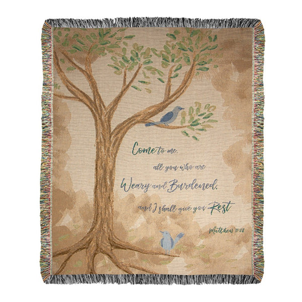 Our Come To Me All Who Are Weary Inspirational Tapestry Throw has been proudly made and woven in the USA. This inspirational heirloom-quality throw will add an abundance of spiritual charm to your home! This thick and versatile throw has been textile woven from 100% cotton, making it soft and functional as a blanket, bedspread, or wall hanging. Size is 50" x 60".