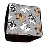 Our French Bulldog Square Footstool Pouf Ottoman is 13” and made of poly spun fabric and available in 3 different top colors with 3 colors different side colors that mix well with the fabric colors to create French Bulldog home décor pieces that are fun and blend well. Shown here is our grey top with cute French Bull doggies and black sides.