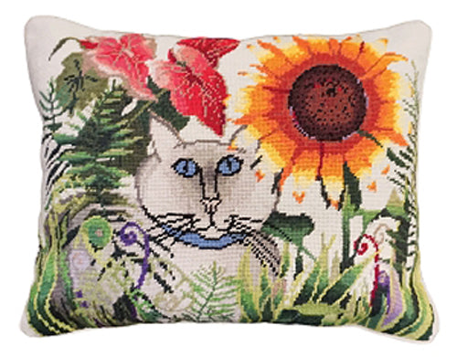 Add color and style to your home with our Sunflower Garden Cat Handcrafted Needlepoint Pillow (16x20”)
