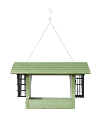 Shown our Green Hanging Poly Lumber Combination Hopper and Suet Feeder. It is made in the USA and is one of our maintenance-free durable bird feeders that is constructed with recycled poly lumber material that will outlast any other feeder you have ever owned.  The poly lumber material is tough as nails and squirrels can’t destroy it.  Size is 13"L x 8.75" W x 8" H. Available in 2 other colors, Gray and Blue or Gray and Red..