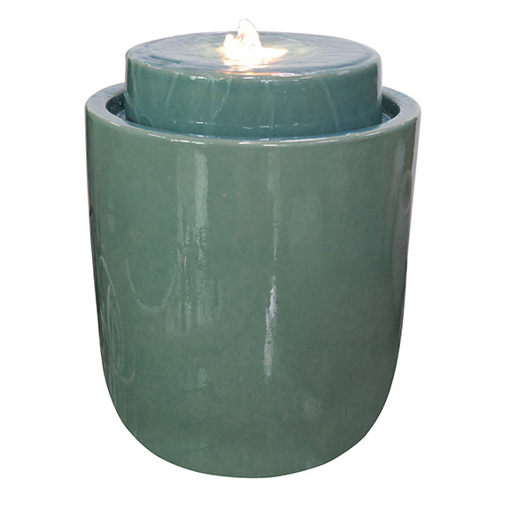  Our green Glazed Ceramic Egg Fountains are available in four colors, green, cobalt, white or black… these simple, yet elegant, fully self-contained ceramic fountains come complete with pump and LED light and will add color and tranquility to your patio, deck, or elsewhere in your home or garden. Water will beautifully bubble and cascade down to the bowl below.  Overall size is: Overall size is: 11.5” round x 14” high.