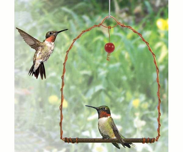 Handcrafted Copper Hummingbird Perch Swings come as a set of two and have been handcrafted of copper with a wood dowel for resting and features a red glass bead dangler that attracts birds.  Hummingbirds needs are food, water, nesting places and a place to perch and swing. Since hummingbirds tend to be territorial, they will use these perch swings to rest and also to watch over their food source… so better to have two of them than one.  