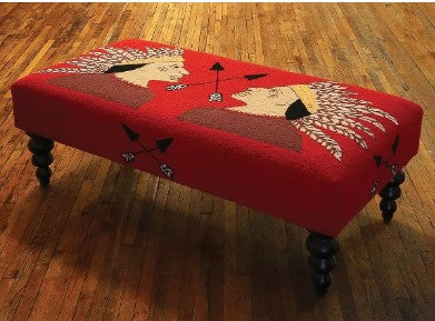 Our Indian Scout Handcrafted Hooked Wool Bench features vibrant colors and is 47” in length x 24” deep x 16” tall and great for entryway display or elsewhere in your home