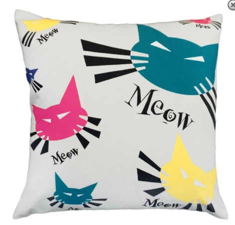 Our 20” Meow Kitties Handcrafted Embroidered Throw Pillow is great for year round decorating and well received by men, woman and, of course, children.   The graphic of the kitties, along with the printed MEOW’s is printed on cotton fabric that creates comfort and beauty as well as vibrant colors for a fun expression. Once printed, the pillow is embellished with embroidered details that make it lovely and unique.