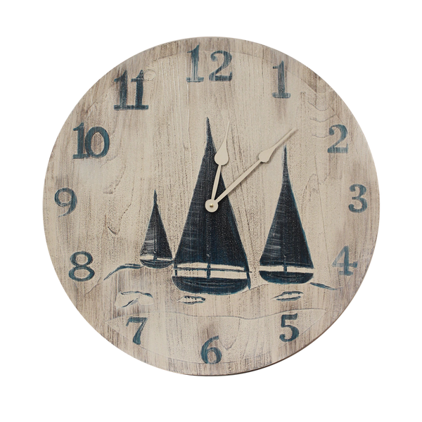 Our Navy Blue and White  Wood Clock with Etched Sailboat Scene (24") will add warmth and decoration to any wall in your home or patio room. 