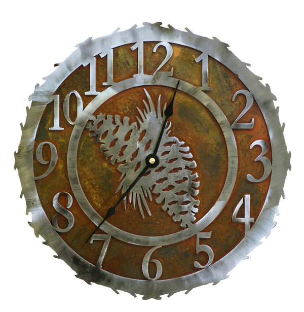 Our Pine Cone Handcrafted Rustic Metal Wall Clock - 12" is truly a work of art and is custom made to order in 14 gauge steel two-tone rust and silver combination