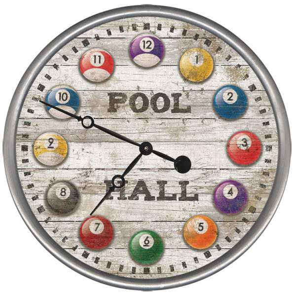Pool Hall Billiard Ball Wood and Metal Wall Clock -made in the USA, it will add color and style to your game room décor and it can be customized with your own text.