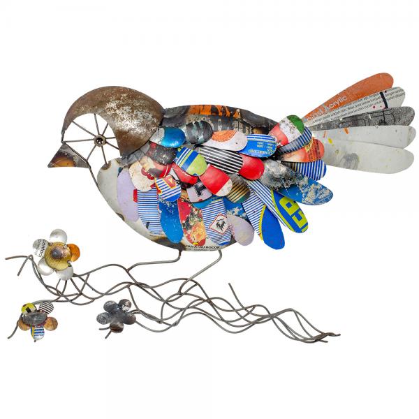 ALT TEXT: Our  Reclaimed and Recycled Metal Bird Wall Art Décor has been handcrafted from recycled metals in a variety of colors and shapes, our skilled artisans have created this lovely bird wall décor that is truly a work of art. Size is 23.00 (D) x 2.00 (W) x 14.00 (H) inches.