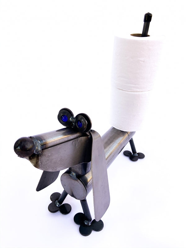 Our Recycled Scrap Metal Dachshund Dog Toilet Paper Holder / Paper Towel Holder is handcrafted and made to order and such a fun piece to have in your home