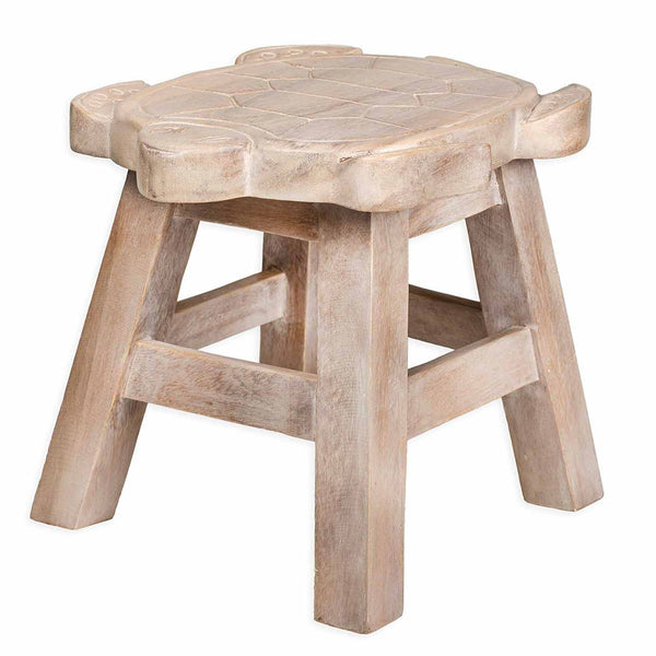 Our Sea Turtle Handcrafted Wood Stool Footstool show is in our whitewash finish and beautiful and useful for adults and children