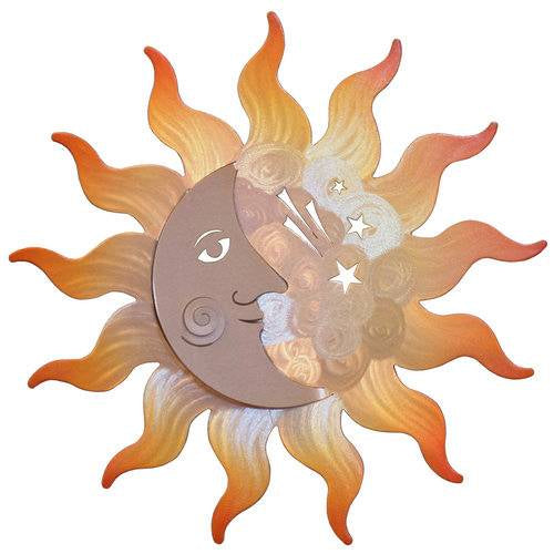 Our Sunburst and Crescent Moon Metal Indoor Outdoor Wall Art is made in the USA and available in 2 sizes. It is powder coated for outdoor use or indoor use and it captures the artist’s creative beauty of the sun and moon all in one magnificent wall hanging.