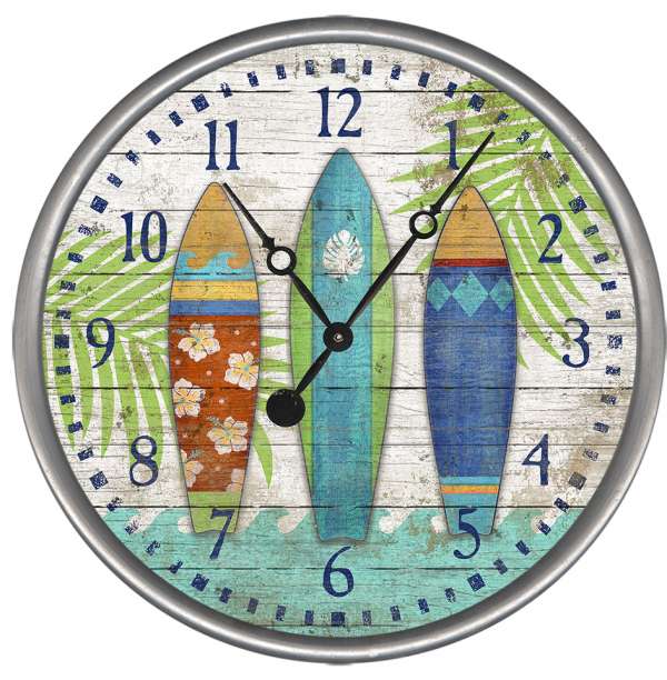 Our Surfside Surfboards Wood and Metal Wall Clock will add fun, color and function to your home or business