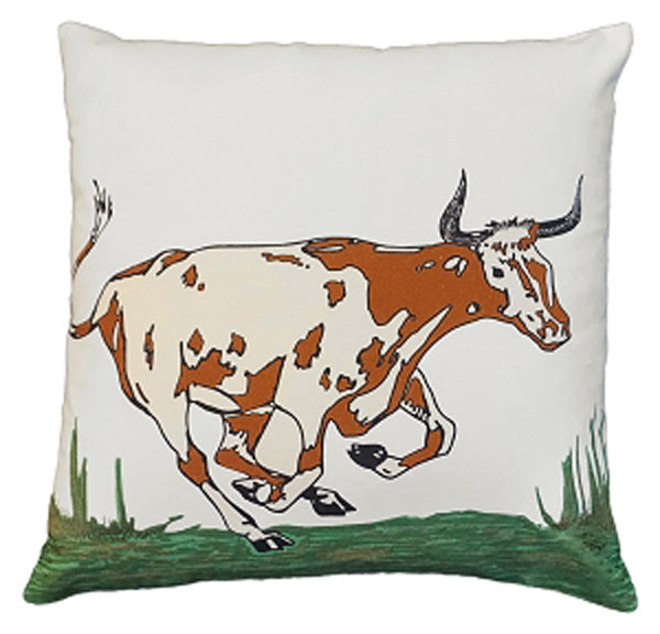 Add a bit of wild to your home with our Texas Longhorn Cotton Embroidered Pillow (20”x20”)