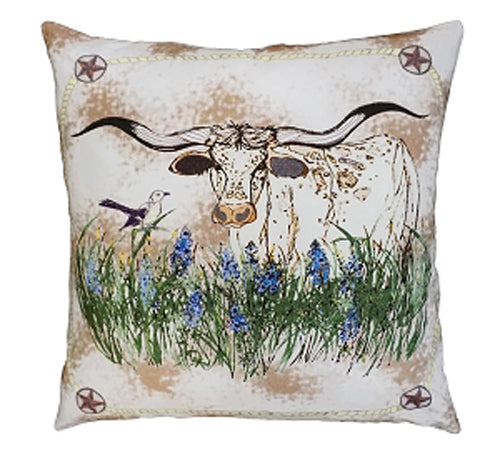 Add style and function to your home or ranch with our Texas Longhorn in the Blue Bells Cotton Embroidered Pillow (20”x20”)