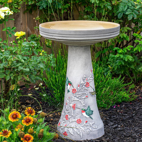 Hummingbird Gray Handcrafted Clay Birdbath Set features colorful birds that have been hand painted. A beautiful piece for curb appeal and beauty as well.