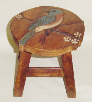 Our hand carved and hand painted Bluebird stool is great for adults and children and great seating for indoor and outdoor events.